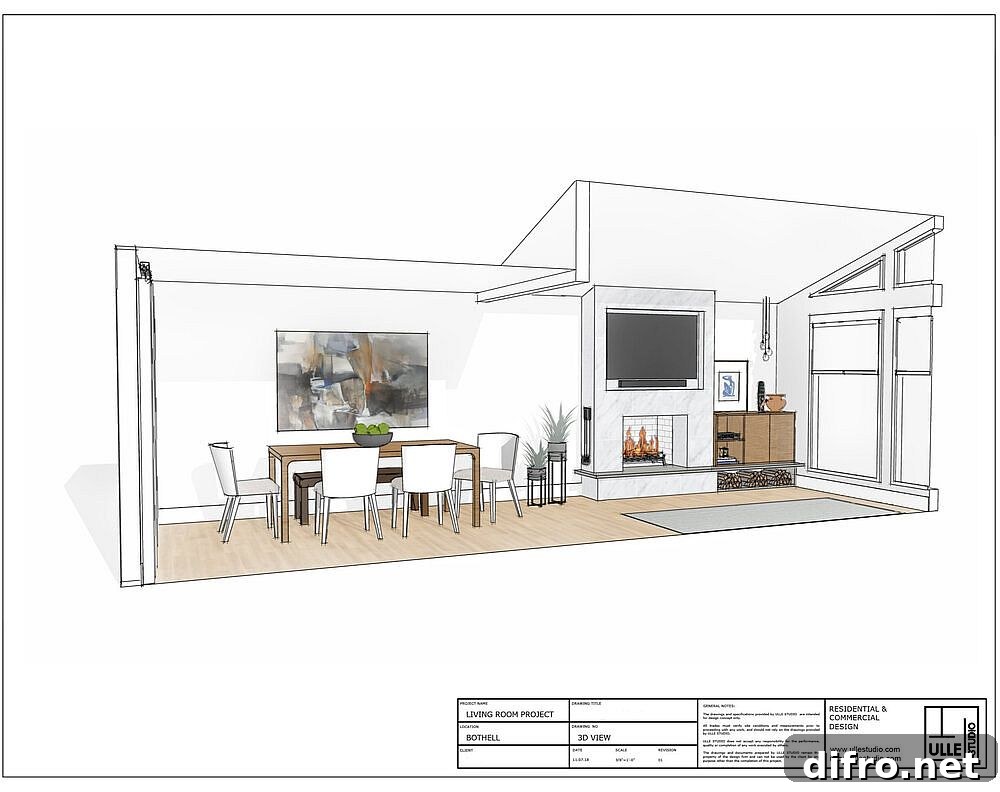 Design plan showing the reconfigured living and dining areas