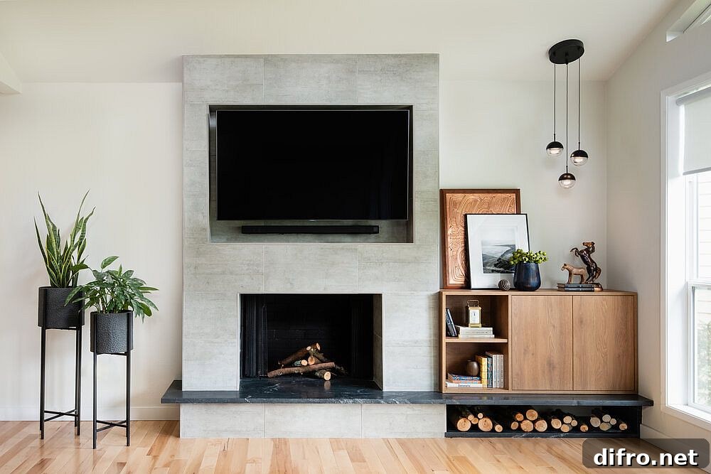 Television mounted above a modern fireplace in the renovated living room