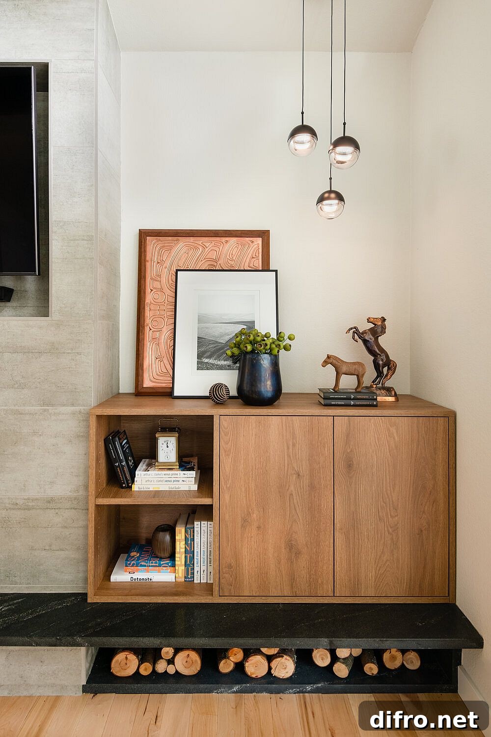 Custom wooden storage unit maximizes corner space in the living room