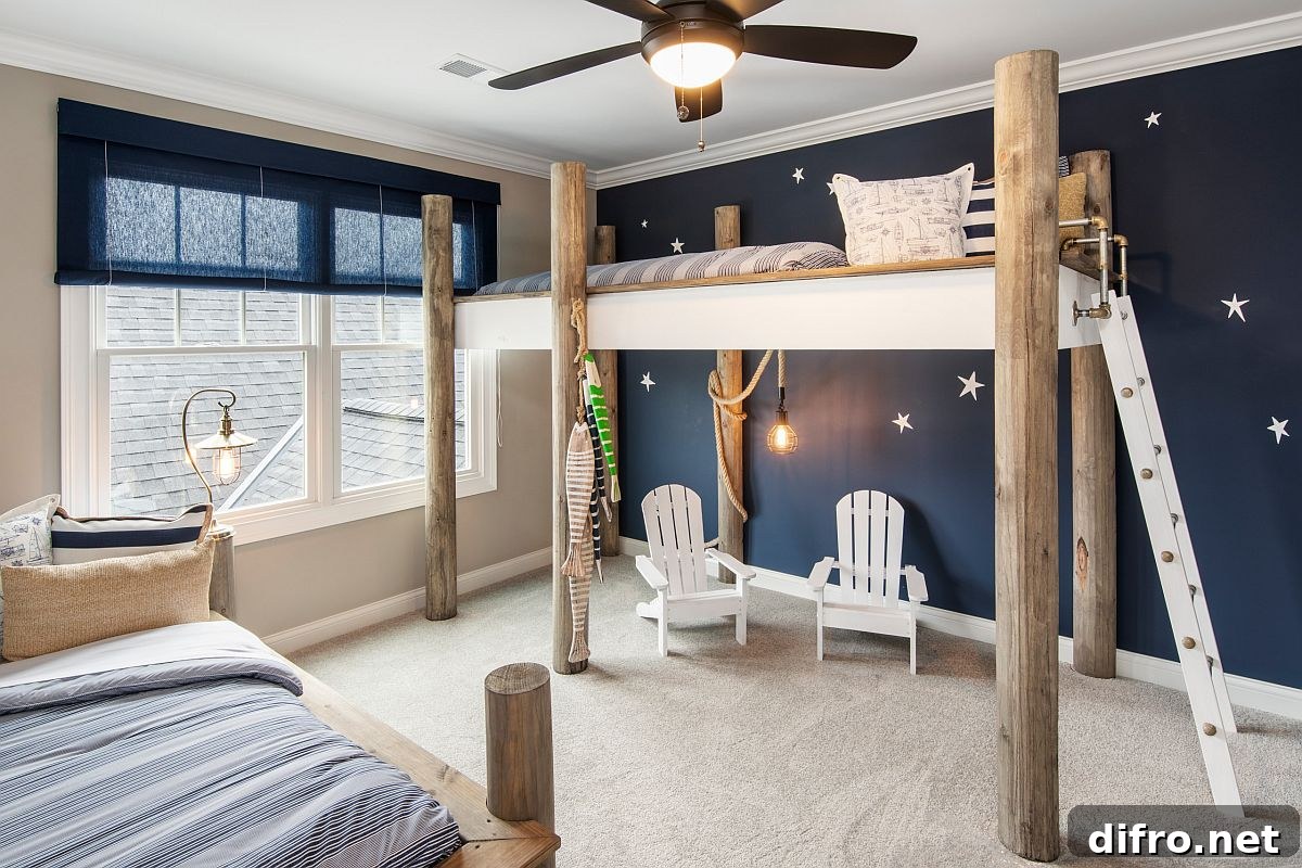 Contemporary beach-style kids' bedroom in deep blue with a bunk bed