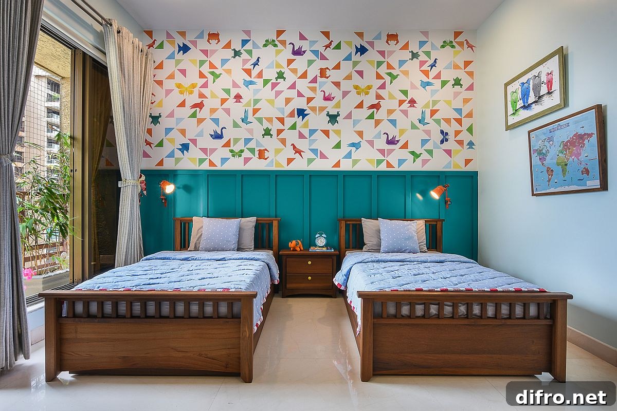 Multicolored subtle wallpaper adding sophisticated pattern to a kids' room