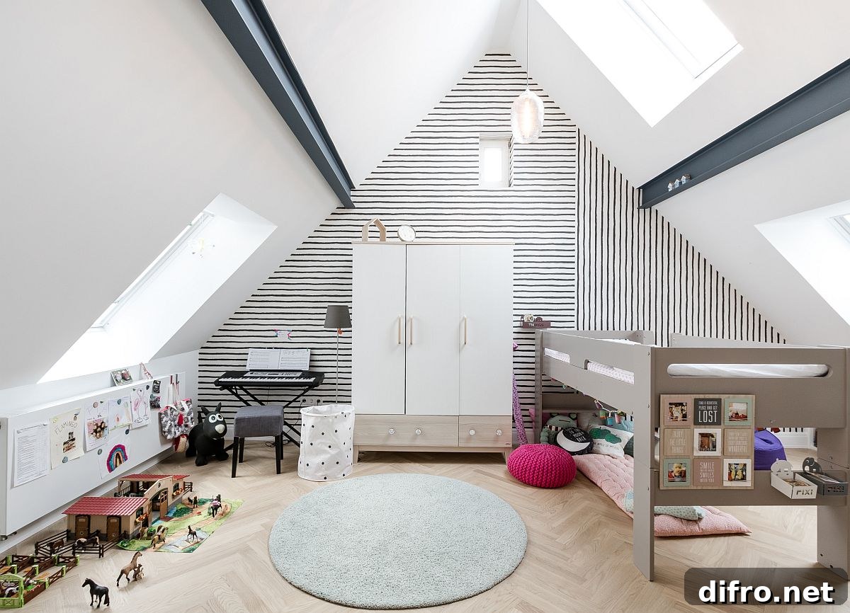 Black and white striped wallpaper in an attic kids' room