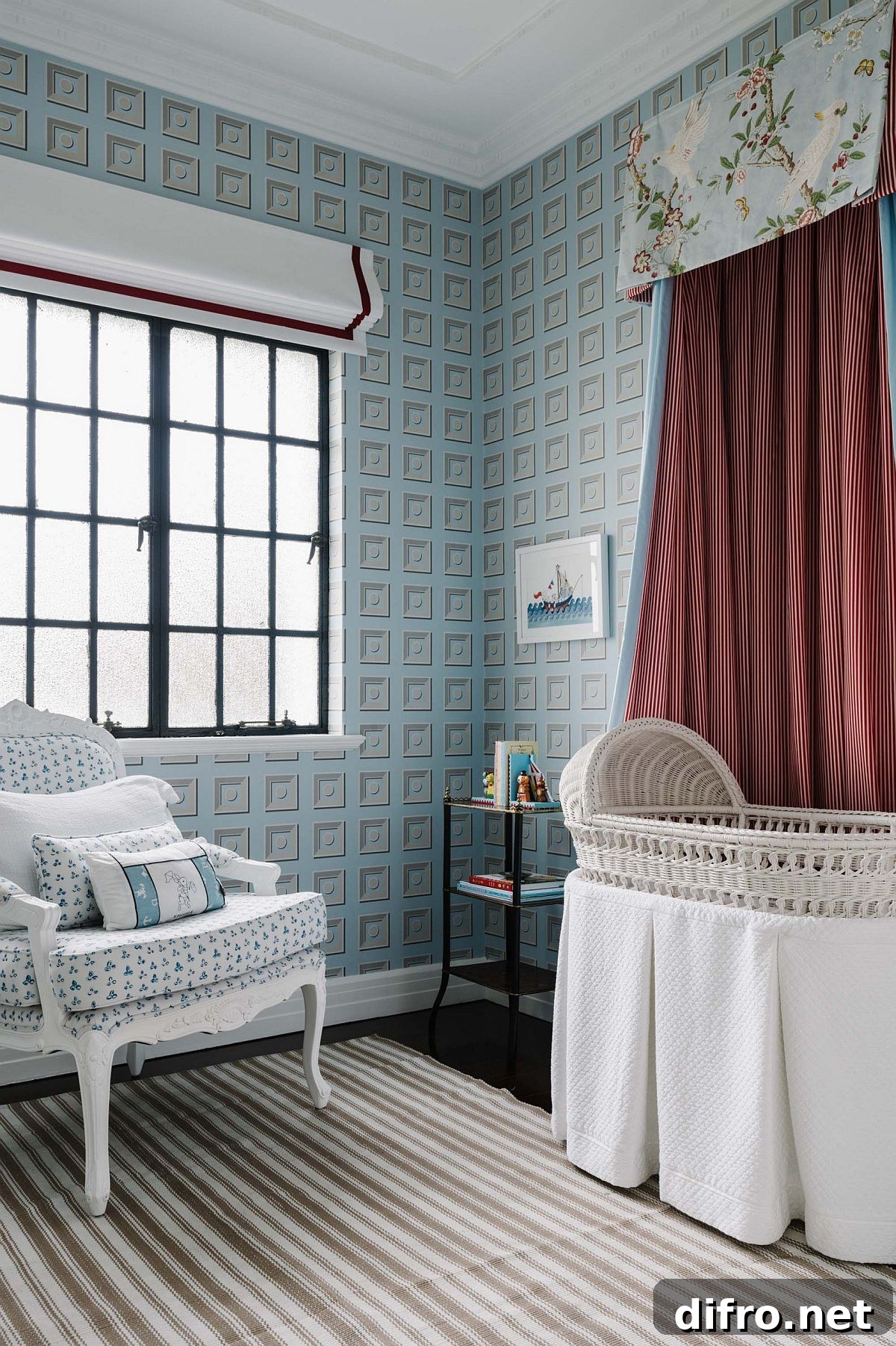 Modern-traditional kids' room with colorful wallpaper