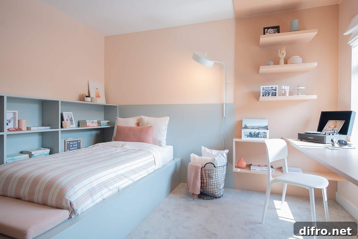 Two-tone pastel bedroom in pink and purple