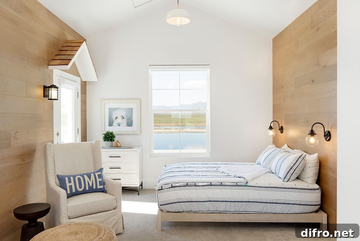 Light-filled beach style kids' bedroom in wood and white