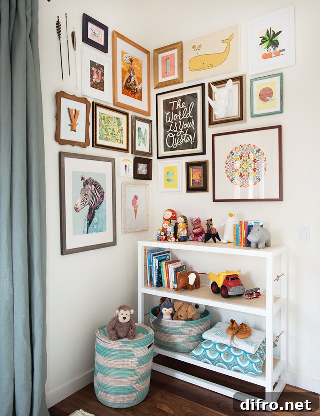 a corner gallery wall display in a child's bedroom