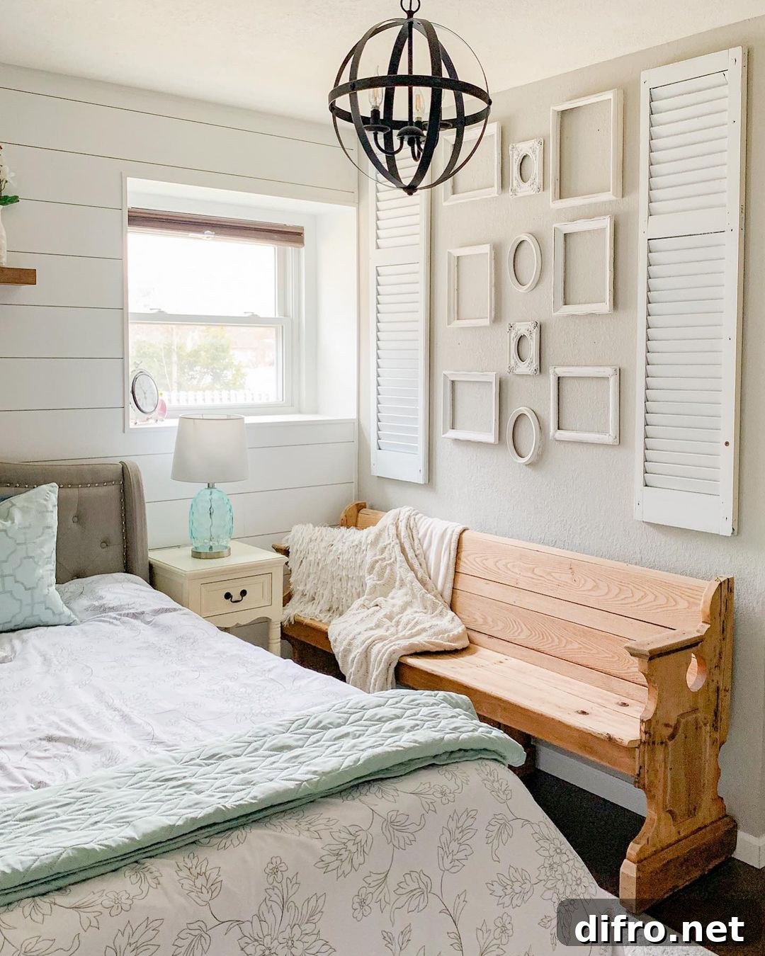 rustic photo gallery wall that is made of just frames