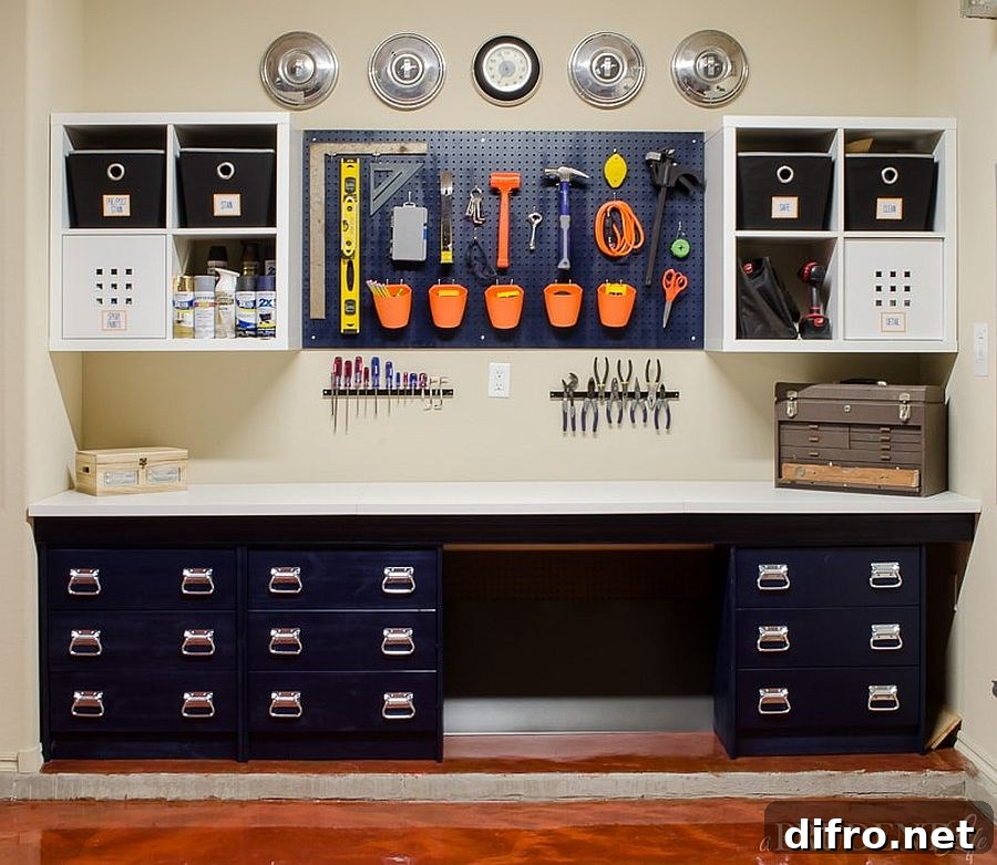 DIY garage workbench with storage and pegboard