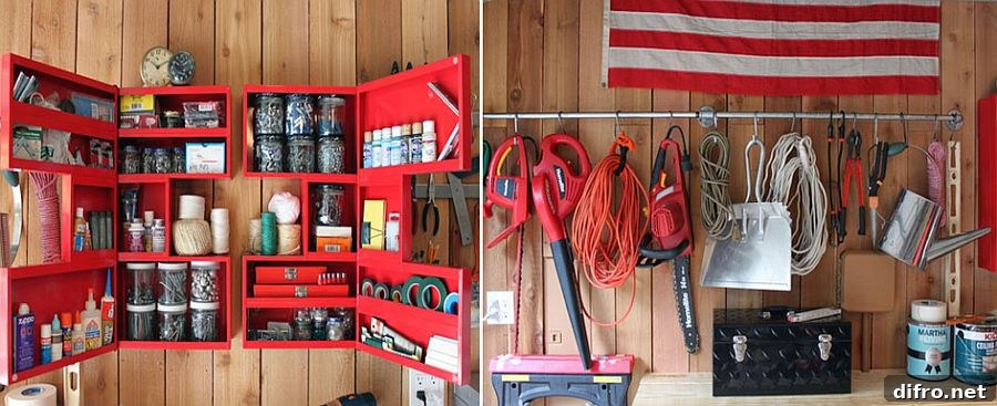 Open medicine cabinets repurposed in garage