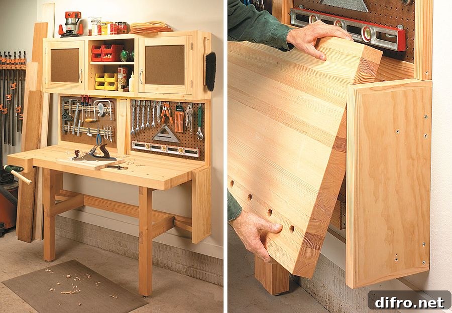 Fold-down garage workstation