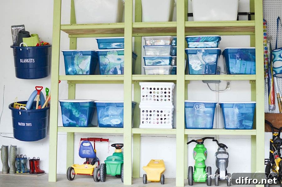Custom garage storage wall with shelves and bins