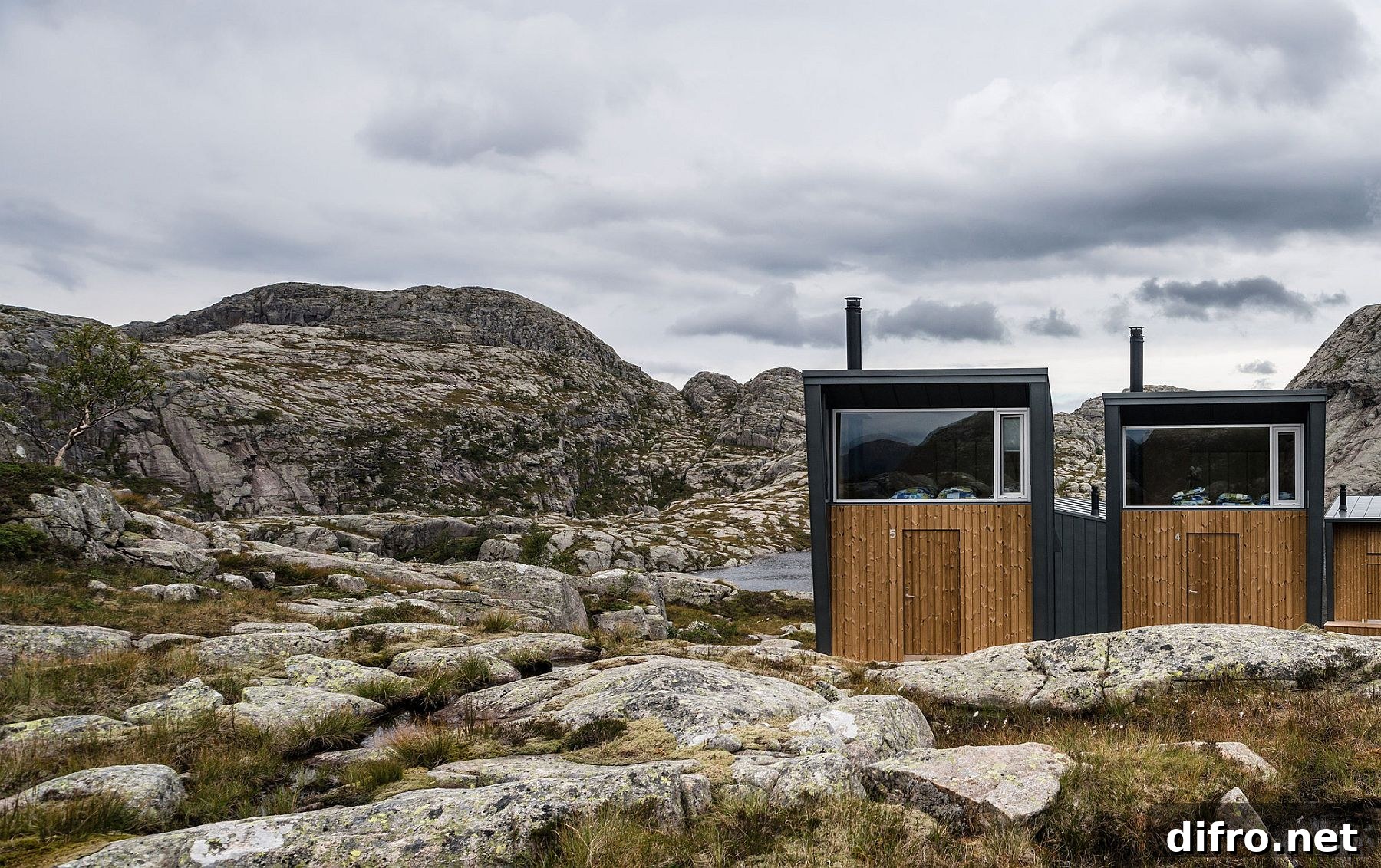 Rolled zinc and wood shape the exterior of the cabins