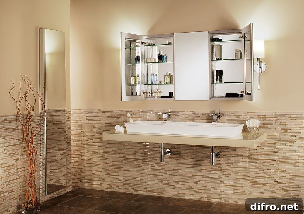 Interior of mirrored medicine cabinet