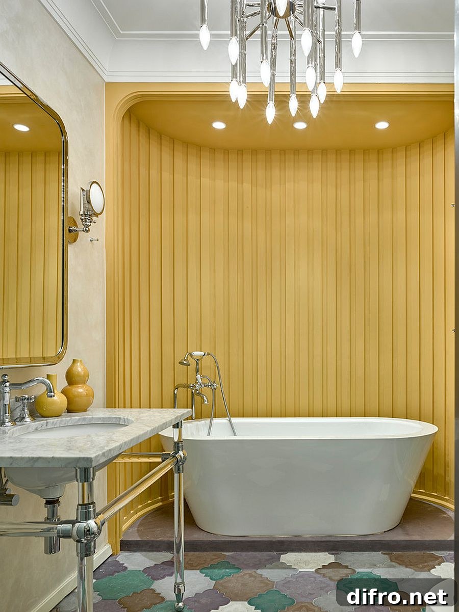 Striped yellow accent wall in white bathroom
