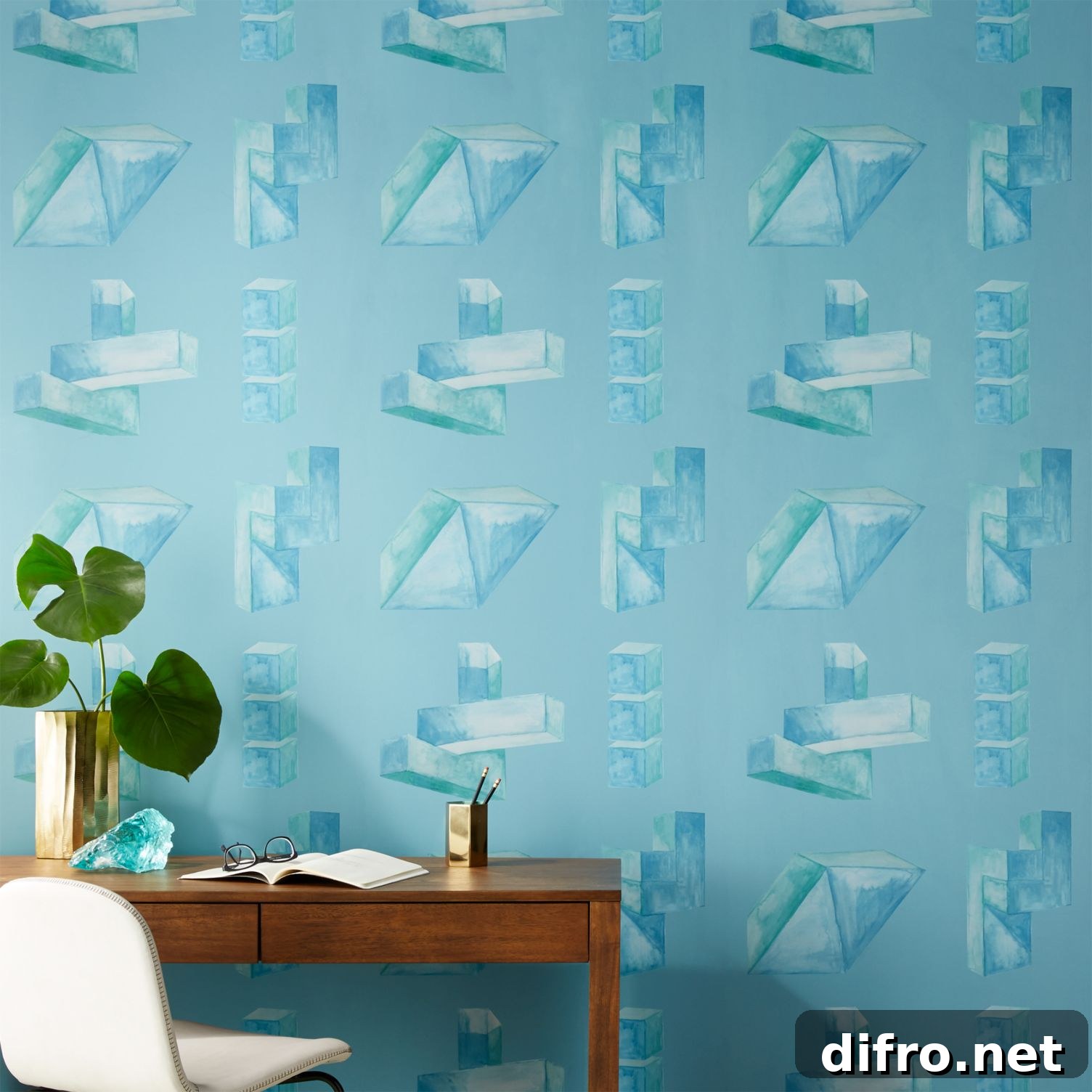 light blue and green wallpaper with soft brush geometric patterns