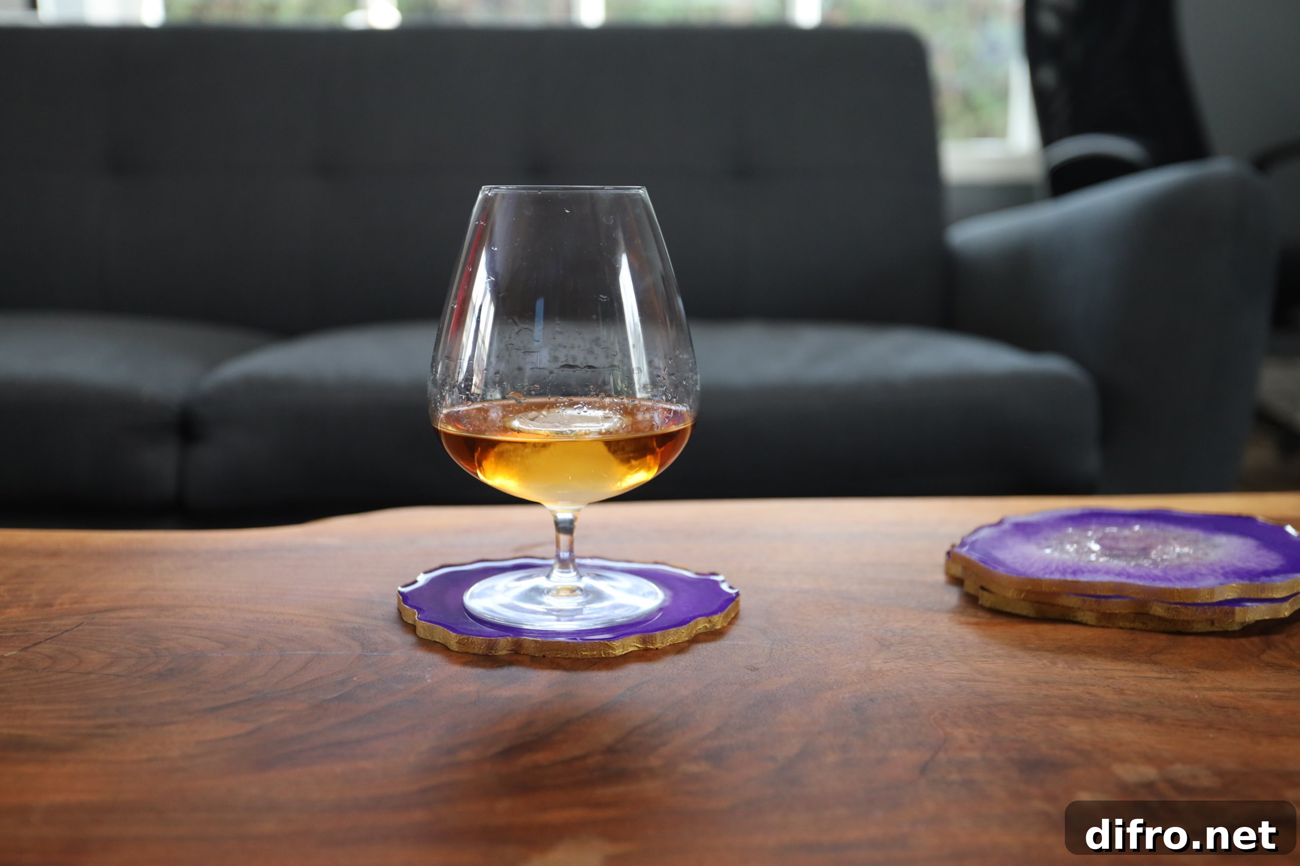 finished product geode resin coaster with drink