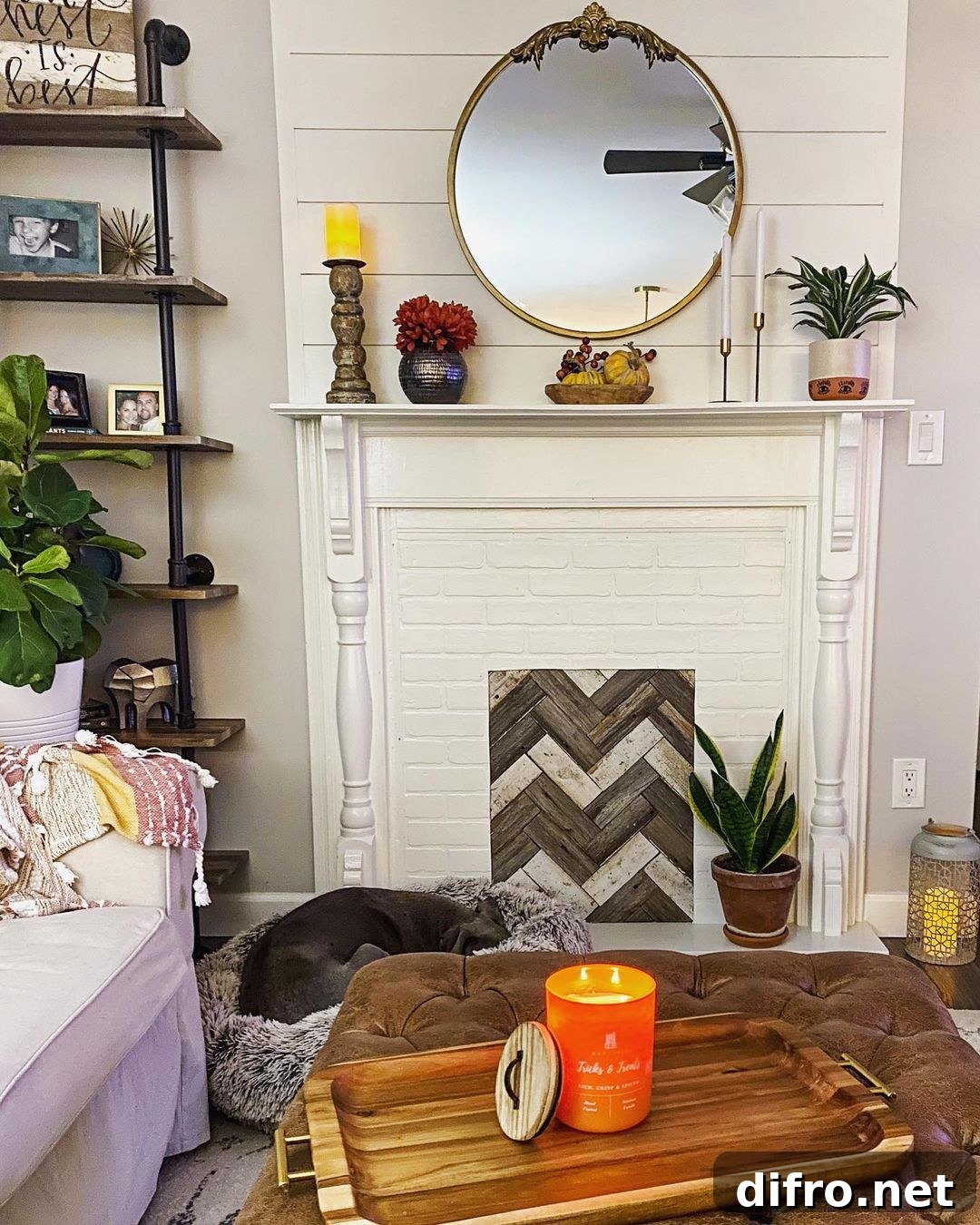 wooden chevron pattern in place of firebox for faux fireplace