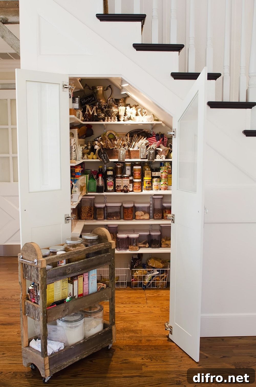 Space underneath the staircase converted into a small pantry