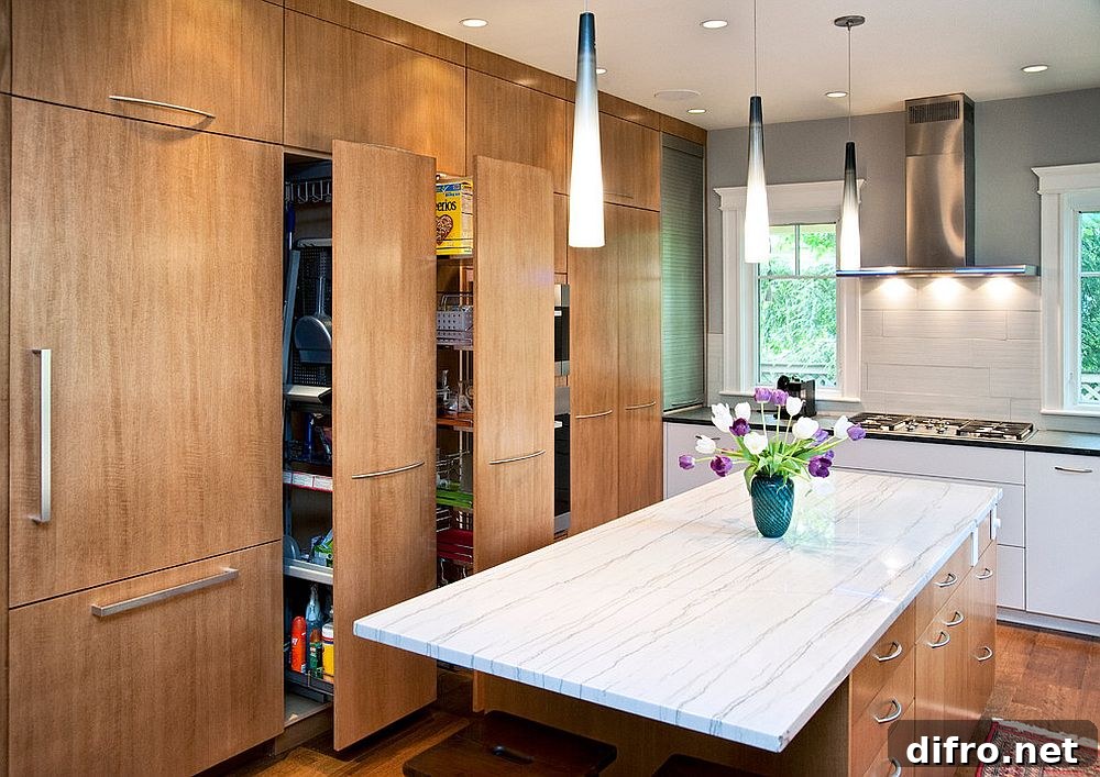 Vertical pull-out pantry makes efficient use of space
