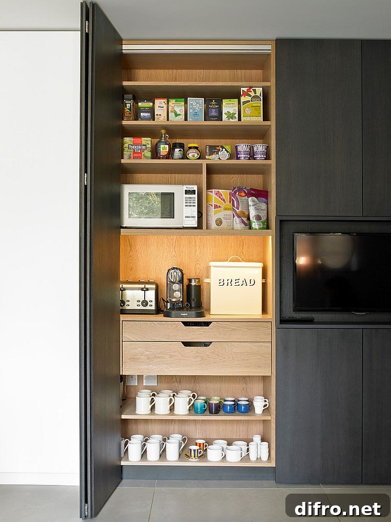 Folding doors and slim shelves for a compact pantry