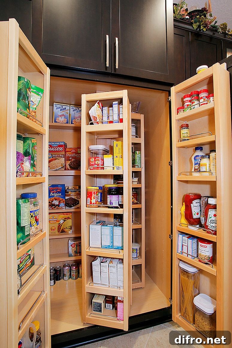 Folding cabinets and shelves create a compact pantry