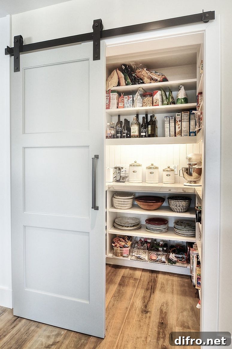 Sliding barn style door for a compact pantry