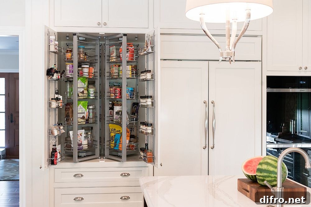 Transitional kitchen with a compact pantry