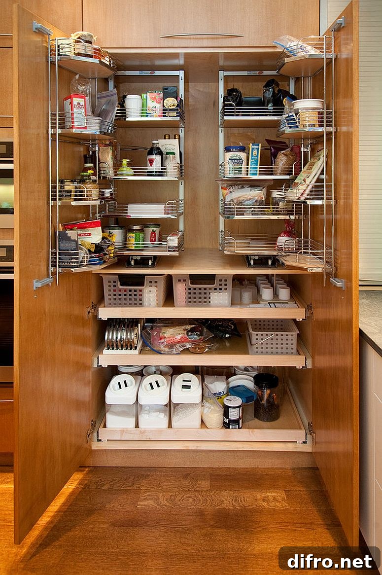 Modern pantry with pull-out drawers to save space