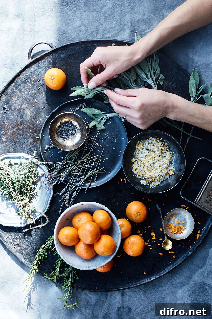 Homemade citrus-herb salt presented in simple containers as gifts