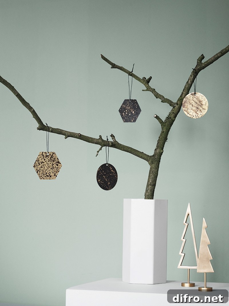 Modern holiday ornaments displayed on a branch