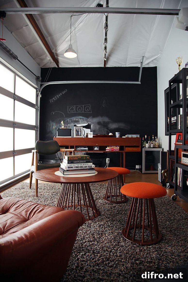 Garage home office with chalkboard wall