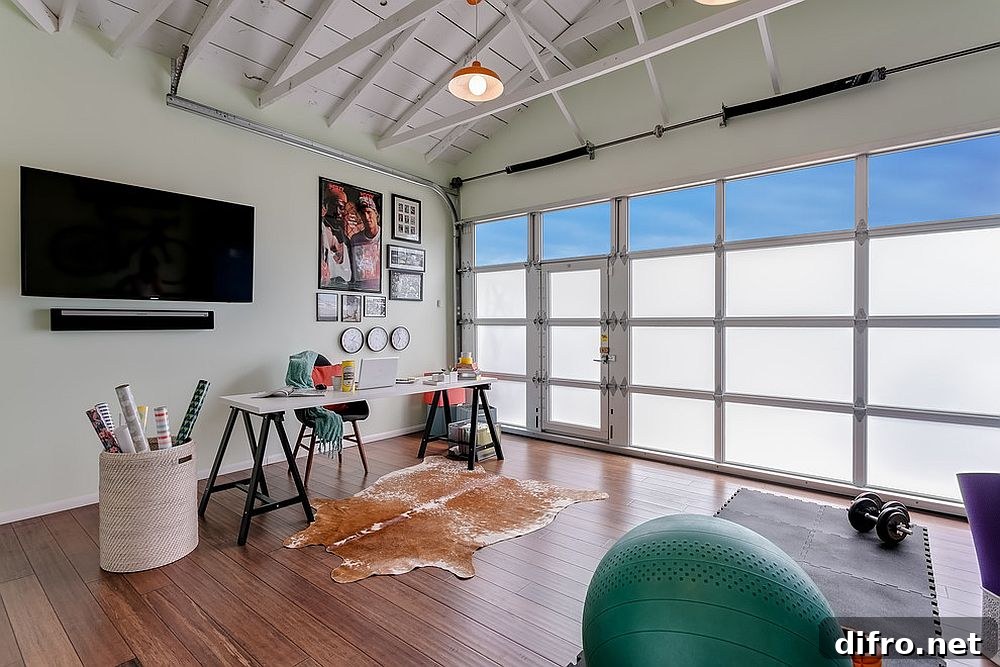 Glass panes bringing in natural light to garage office