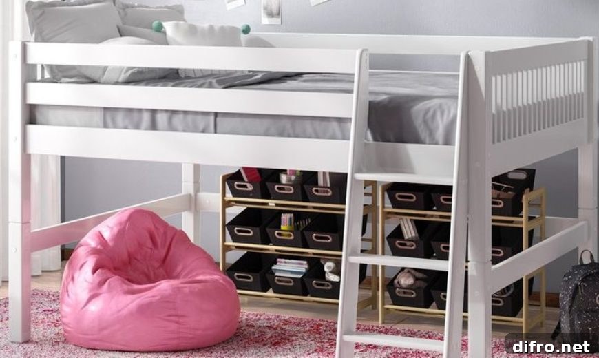 Lower loft bed with seating and storage underneath