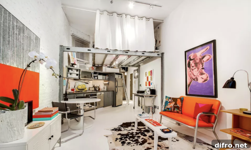 Industrial loft bed over kitchen in New York West Village