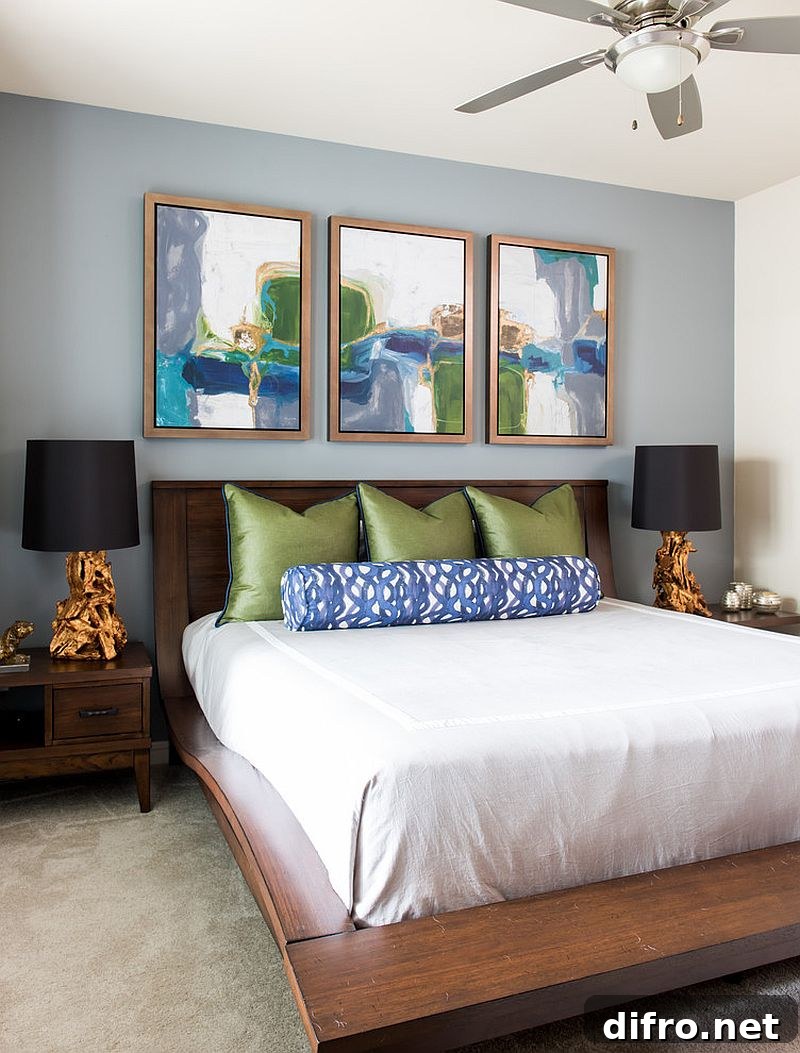 Headboard wall styled with selected works of art