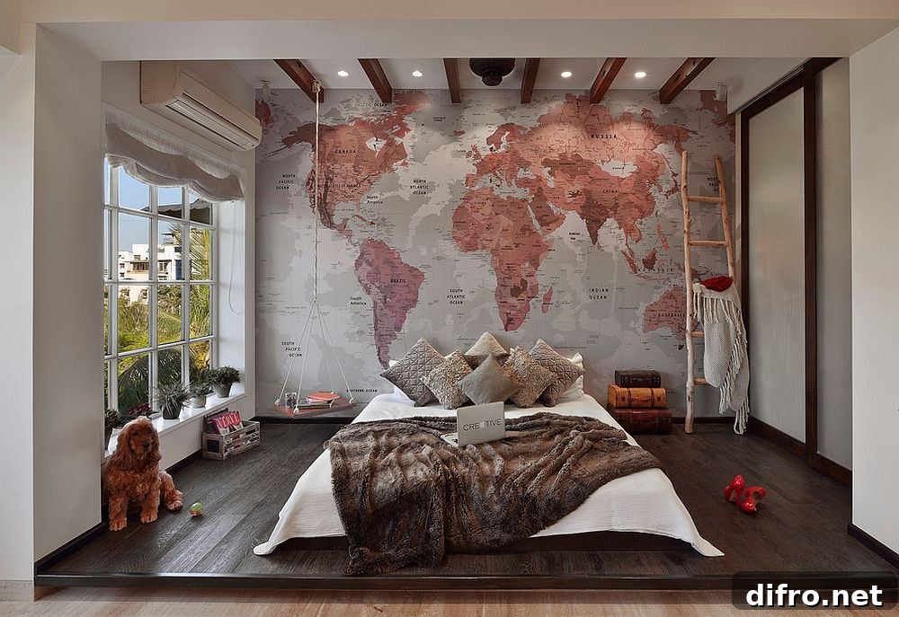 Bachelor pad bedroom with a world map backdrop