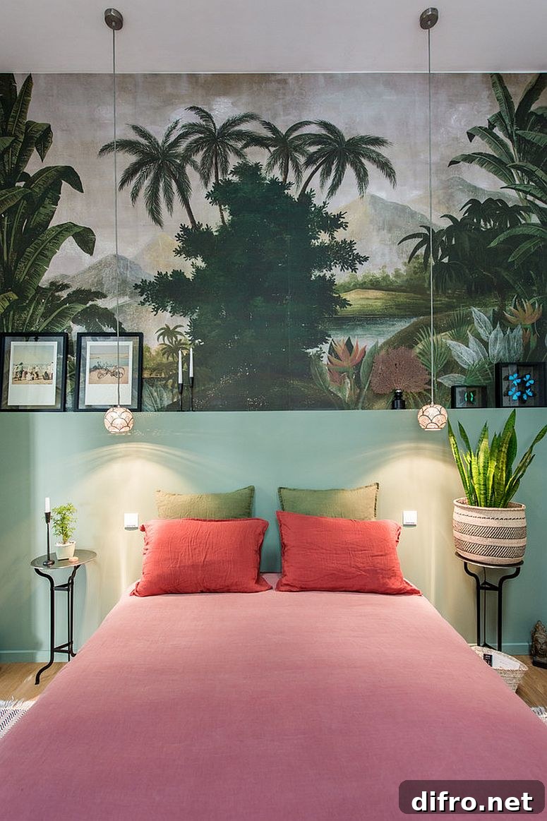 Tropical-style bedroom with leafy wallpaper