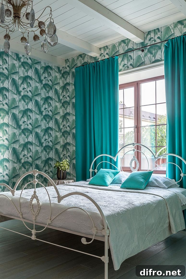 Vivacious tropical bedroom in green and teal