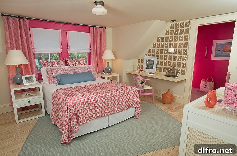 Bedroom warmed by pink bedding, drapes, and décor