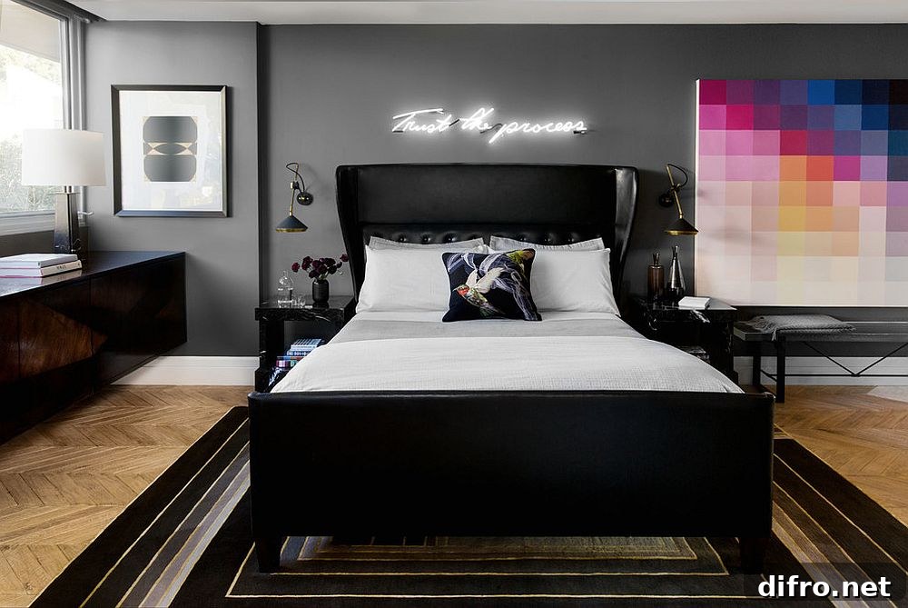 Gray bedroom enhanced with colorful accents and bright neon