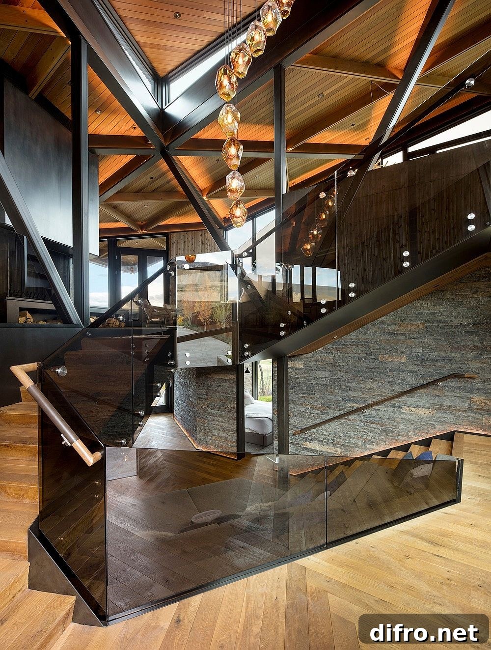 Polished glass and metal with wooden warmth
