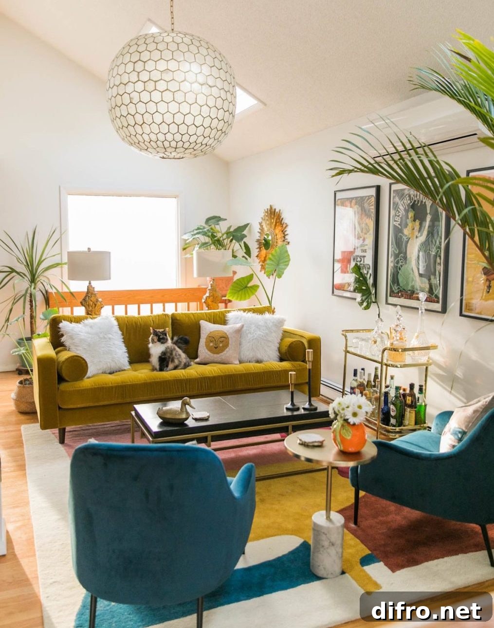 retro-style brightly colored living space resembling 30s design