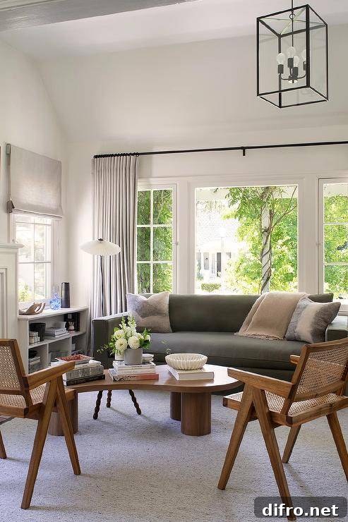 Light gray curtains cover windows located behind a dark gray sofa matched with a kidney shaped coffee table placed on a light gray rug in front of mid-century modern cane chairs.