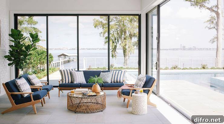Brown and blue mid century modern lounge chairs on gray tiles join a round wood and rope metal coffee table in a sunroom with glass doors and windows.