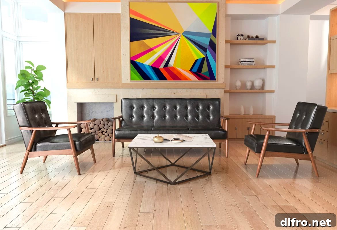 modern style living room with geometric bright wall art