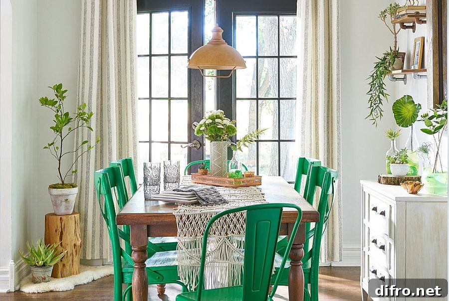 Shabby chic dining room with green accents