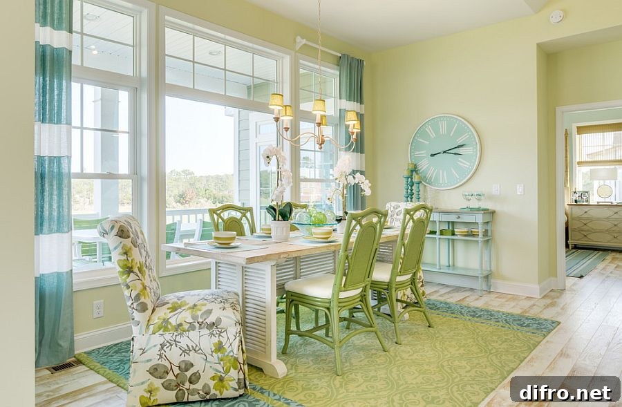 Beach-style dining room in light green and blue