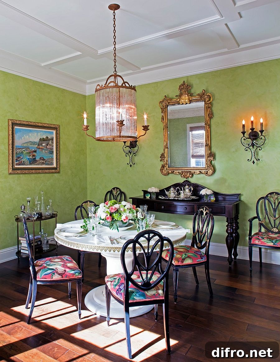 Traditional dining room in green with natural light