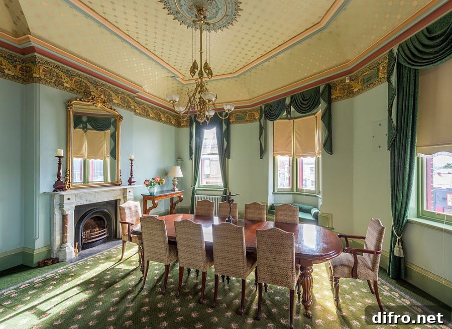 Victorian style dining room with ornate ceiling