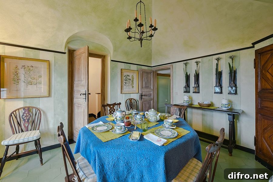 Mediterranean dining room with textured green walls